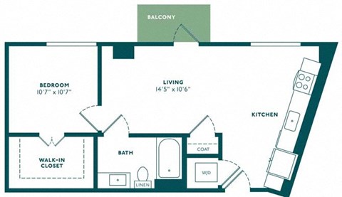 Floor plan for 1 bed, 1 bath, 655 sqft